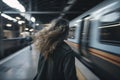 Rear view at young woman at train station with fast moving trains, created with generative AI Royalty Free Stock Photo