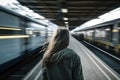 Rear view at young woman at train station with fast moving trains, created with generative AI Royalty Free Stock Photo