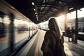 Rear view at young woman at train station with fast moving trains, created with generative AI