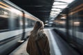 Rear view at young woman at train station with fast moving trains, created with generative AI