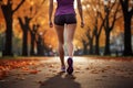 Rear view of young woman walking, exercising and running on the street in the park on an autumn morning.