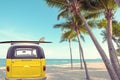 Rear of vintage car parked on the tropical beach seaside with a surfboard on the roof Royalty Free Stock Photo