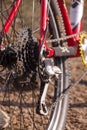 Rear wheel of a bicycle close up. Preparing to ride. Rear sprocket on bike Royalty Free Stock Photo