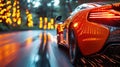 rear wheel of fast moving car with motion blur on road close-up. Luxury red sports car Royalty Free Stock Photo