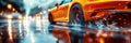 rear wheel of fast moving car with motion blur on wet slippery asphalt close-up. Luxury orange sports car in city Royalty Free Stock Photo