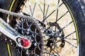Rear wheel motorcycle trial and enduro. Mounted on the wheel gear and chain with spokes Royalty Free Stock Photo
