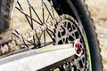 Rear wheel motorcycle trial and enduro. Mounted on the wheel gear and chain with spokes Royalty Free Stock Photo