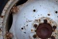 Rear wheel of an old tractor with rust stains Royalty Free Stock Photo