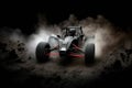 A rearend shot of a offroad racing car speeding across a flat surface its tailpipes emitting a powerful sound. Speed