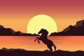 Rearing horses at sunset in the mountains. Rearing Horse Sunset. vector illustration Royalty Free Stock Photo