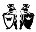 Bear with heraldic shield and royal crown black and white vector