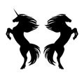 Rearing up heraldic unicorn and mustang horse black and white vector side view silhouette Royalty Free Stock Photo
