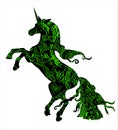 Rearing up unicorn in black and green colors in doodle style isolated on white. Vector illustration