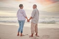 Rearview affectionate mature mixed race couple standing hand in hand on the beach. Senior husband and wife holding hands Royalty Free Stock Photo