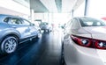 Rearview car parked in luxury showroom. Car dealership office. New car parked in modern showroom. Car for sale and rent business Royalty Free Stock Photo