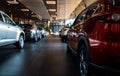 Rearview car parked in luxury showroom. Car dealership office. New car parked in modern showroom. Car for sale and rent business Royalty Free Stock Photo