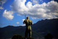 Rearview of the Daedalus by Mitoraj, a bronze statue in the ruins of the Temple of Venus, against the blue sky, Pompeii excavation