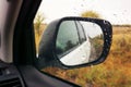 Rearview mirror against the background of an autumn landscape. Traveling by car off-road. View from salon Royalty Free Stock Photo