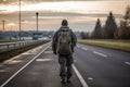 Rearview of a soldier returning home from the army. Concept military service. Generative AI Royalty Free Stock Photo