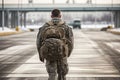 Rearview of a soldier returning home from the army. Concept military service. Generative AI Royalty Free Stock Photo