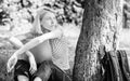 Reasons why you should take your work outside. Woman student sit on grass while study. Work in summer park. Nature