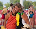 A reassuring hug before the swim start of a triathlon