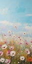 Minimalistic Landscape Painting: White Poppies And Pink Daisies In Turquoise Sky