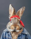 Rebel Hopper: Fashion-forward rabbit rocking a red bandana and denim, urban animal style. Royalty Free Stock Photo