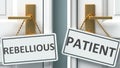 Rebellious or patient as a choice in life - pictured as words Rebellious, patient on doors to show that Rebellious and patient are