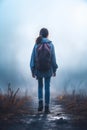 young 10 year old girl alone in the fog. going to school.