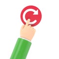 Reboot concept. Restarting technology. Hand to push big red button. 3d illustration flat design.