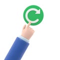 Reboot concept. Restarting technology. Hand to push big red button. 3d illustration flat design.Supports PNG files