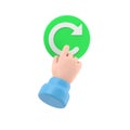 Reboot concept. Restarting technology. Hand to push big red button. 3d illustration flat design.Supports PNG files