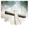 Rebuild or losing our faith - Christian cross concept image in jigsaw puzzle shape