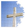 Rebuild or losing our faith - Christian cross concept image in jigsaw puzzle shape