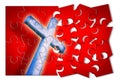 Rebuild or losing our faith - Christian cross concept image in jigsaw puzzle shape