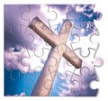 Rebuild our faith or losing faith - Christian cross against a cloudy sky - concept image in jigsaw puzzle shape