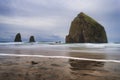 Cannon Beach Haystack Rock and Needles under cloudy skies Royalty Free Stock Photo