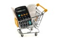 French cash receipt in supermarket trolley with calculator on white background