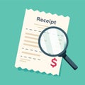 Receipt icon with magnifying glass. Studying paying bill. Payment of goods,service, utility, bank, restaurant. Invoice