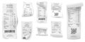 Receipts bill. Atm paper prints, paying ticket shop or store purchase invoice. Isolated realistic supermarket cash order