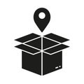 Receive Parcel Place Symbol. Pointer with Box, Shipping Glyph Pictogram. Order Location Silhouette Icon. Delivery