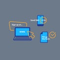 Receive sms notification, laptop with cursor, send phone message, submit document, line icons