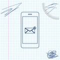 Received message concept. New email notification on the smartphone screen line sketch icon isolated on white background Royalty Free Stock Photo