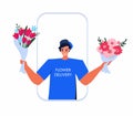 Receiving Blooming Plants in Wrapping from Man Courier Worker. Flower Bouquet Delivery Service Advertisement.