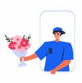 Receiving Blooming Plants in Wrapping from Man Courier Worker. Flower Bouquet Delivery Service Advertisement.