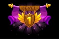 Receiving the cartoon achievement game screen. Level UP. Vector Award Shield icon. For game, user interface, banner