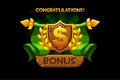Receiving the cartoon achievement game screen. Vector Award Shield icon. Dollar sign. For game, user interface, banner Royalty Free Stock Photo