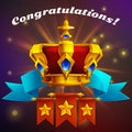 Receiving the cartoon achievement game screen. Vector illustration with golden crown.