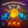 Receiving the cartoon achievement game screen. Vector illustration with golden medal.